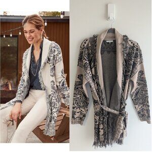 Sioni Paisley Jaquard Fringe Shawl Knit Sweater Cardigan